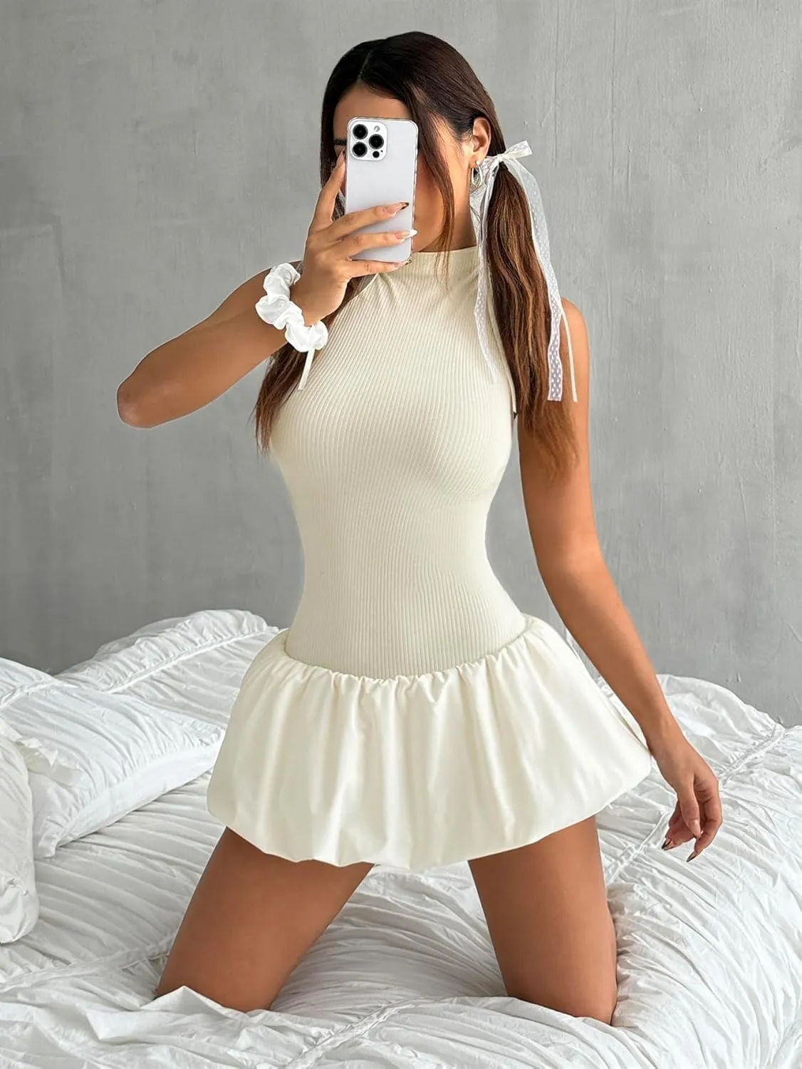 Milumia Women's Mock Neck Cut Out Backless Bubble Dress Sleeveless Ruffle Y2k Mini Dresses