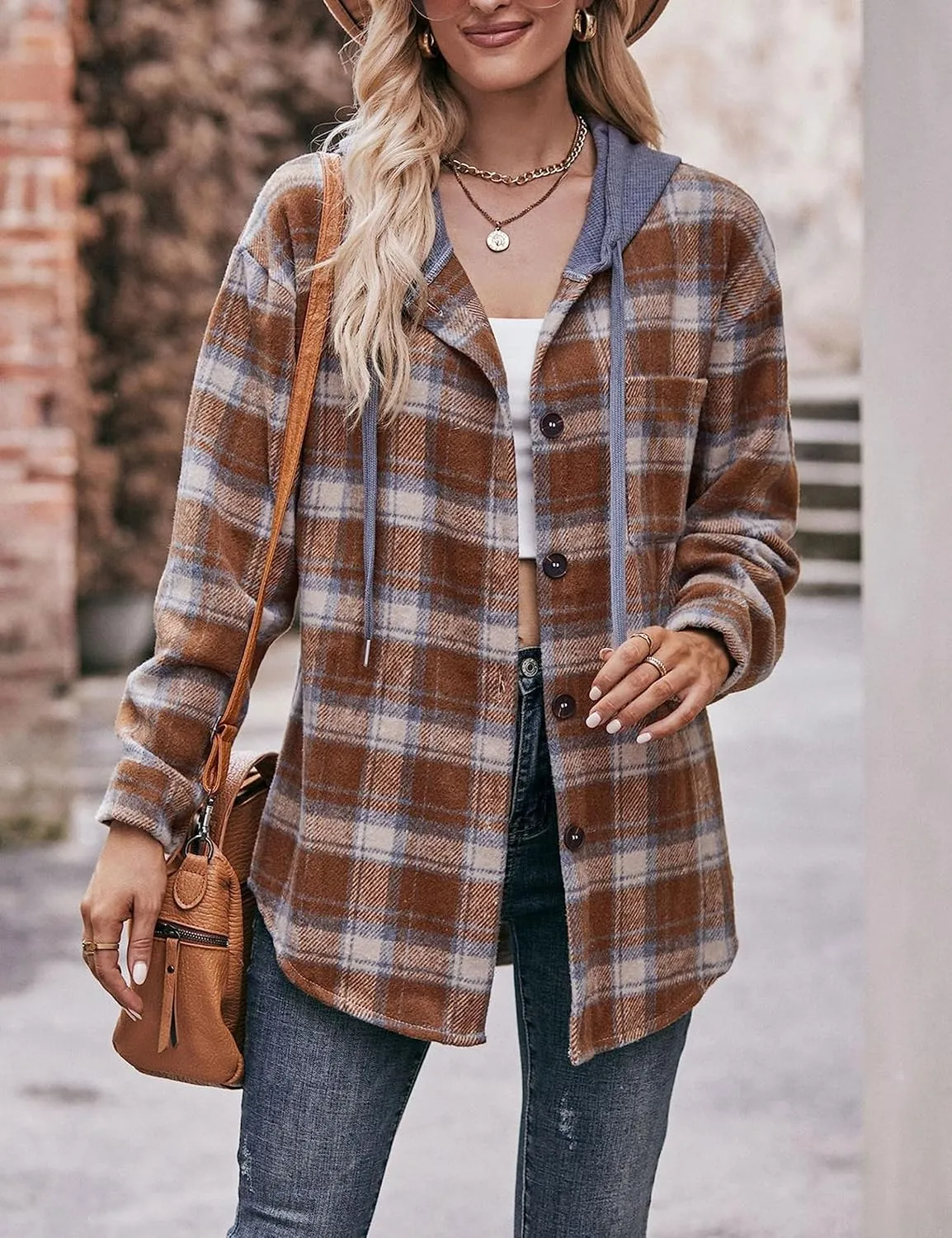 Mingzhu Womens Flannel Plaid Hoodie Jacket Shacket Oversized Button Down Coat