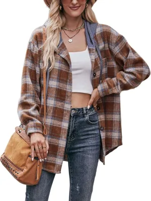 Mingzhu Womens Flannel Plaid Hoodie Jacket Shacket Oversized Button Down Coat