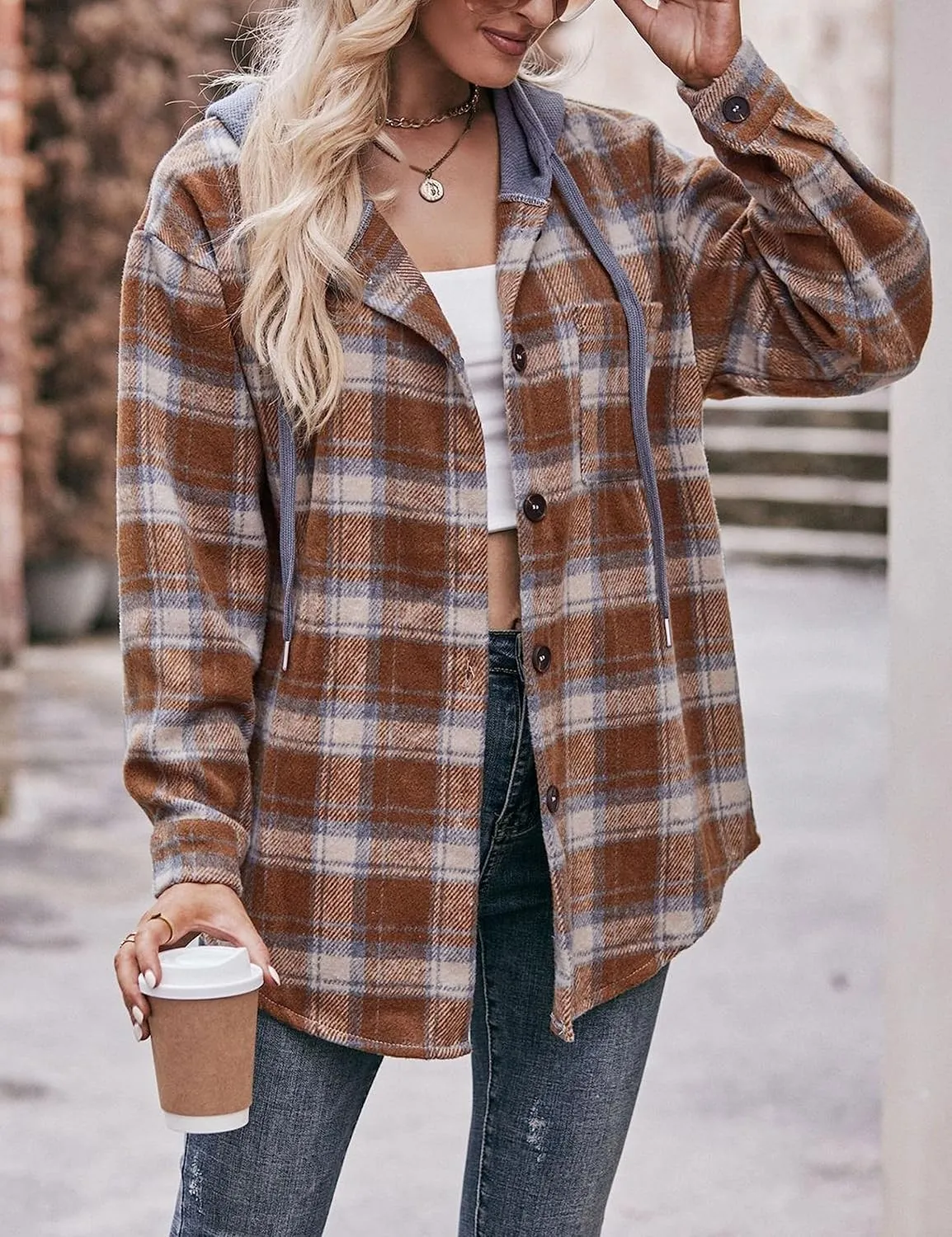 Mingzhu Womens Flannel Plaid Hoodie Jacket Shacket Oversized Button Down Coat