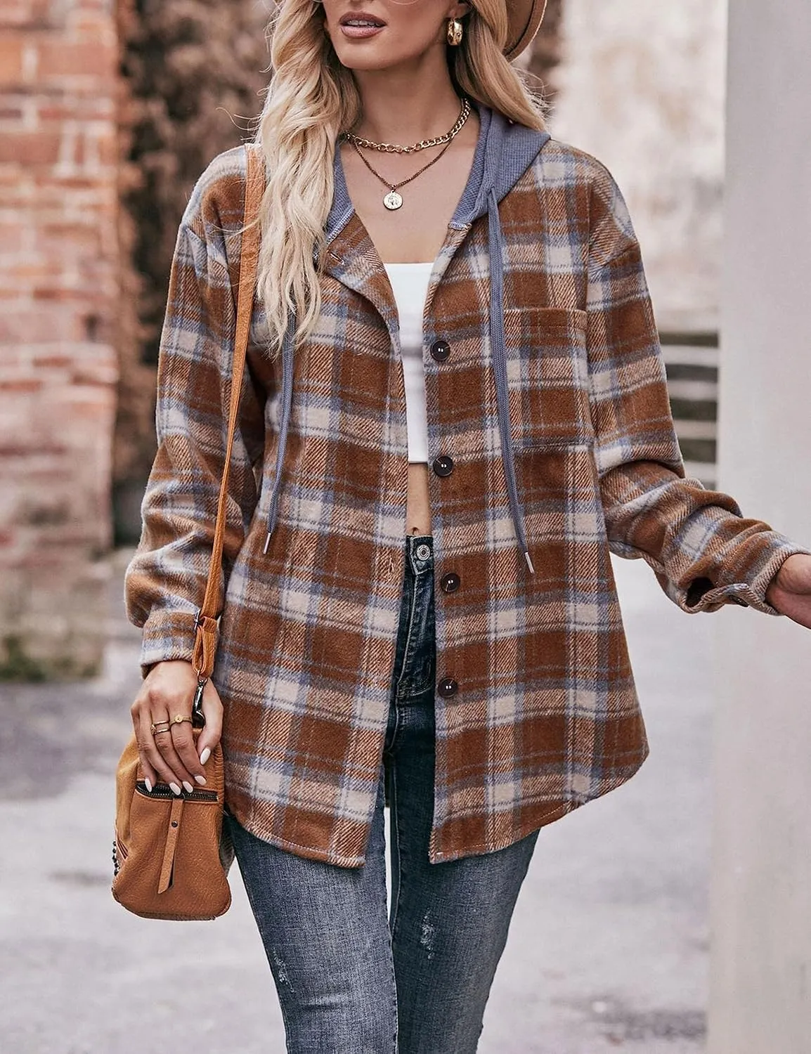 Mingzhu Womens Flannel Plaid Hoodie Jacket Shacket Oversized Button Down Coat