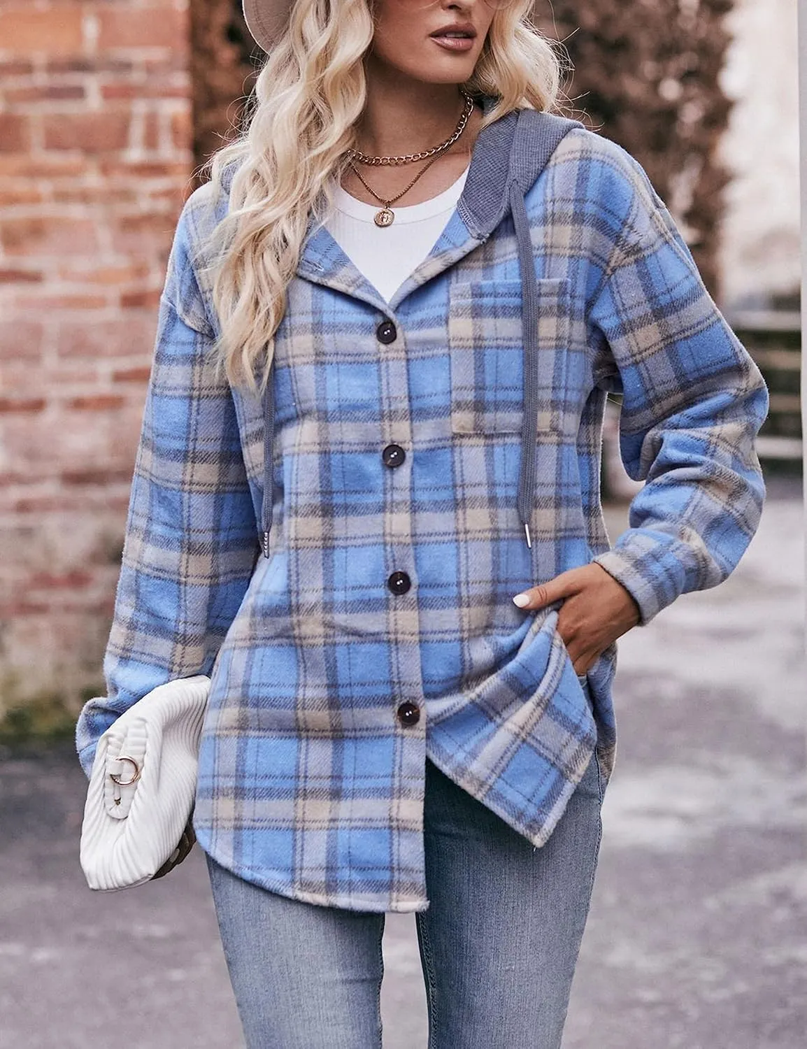 Mingzhu Womens Flannel Plaid Hoodie Jacket Shacket Oversized Button Down Coat