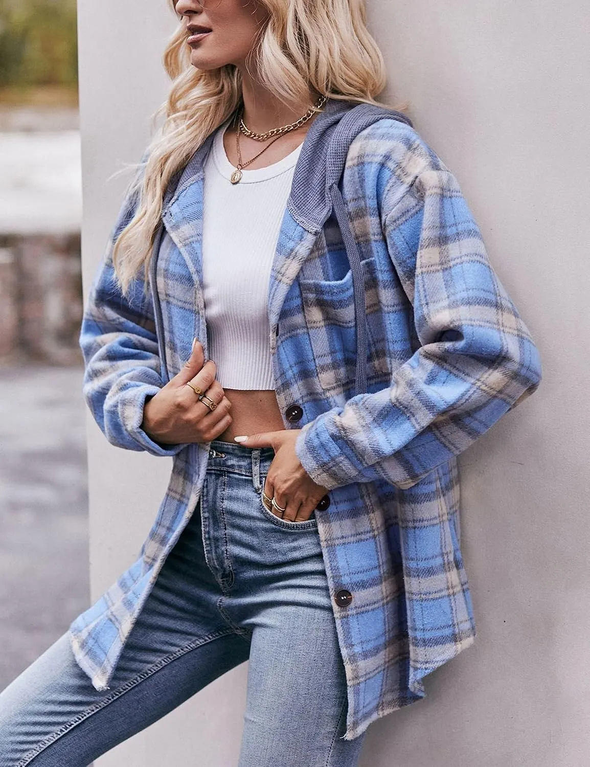 Mingzhu Womens Flannel Plaid Hoodie Jacket Shacket Oversized Button Down Coat