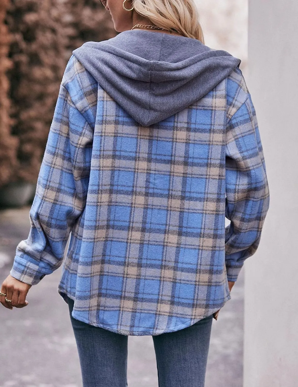 Mingzhu Womens Flannel Plaid Hoodie Jacket Shacket Oversized Button Down Coat