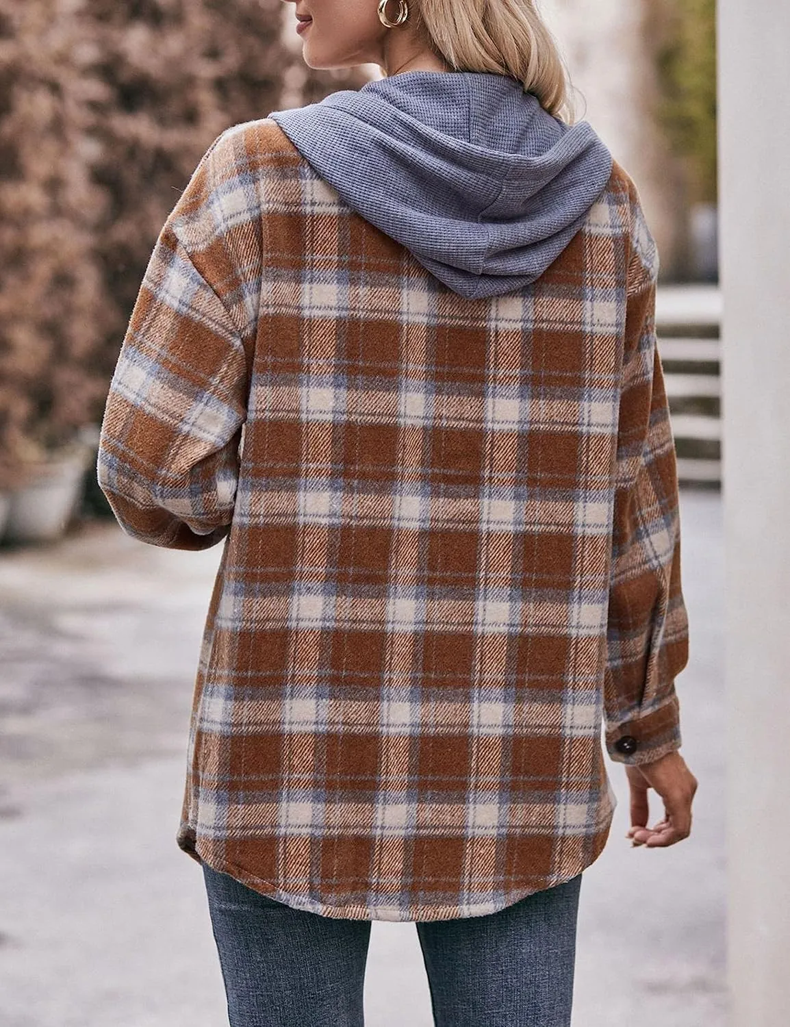 Mingzhu Womens Flannel Plaid Hoodie Jacket Shacket Oversized Button Down Coat