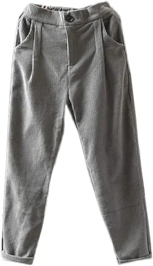 Minibee Women's Cropped Corduroy Pants Elastic Waist Retro Trouser with Pockets