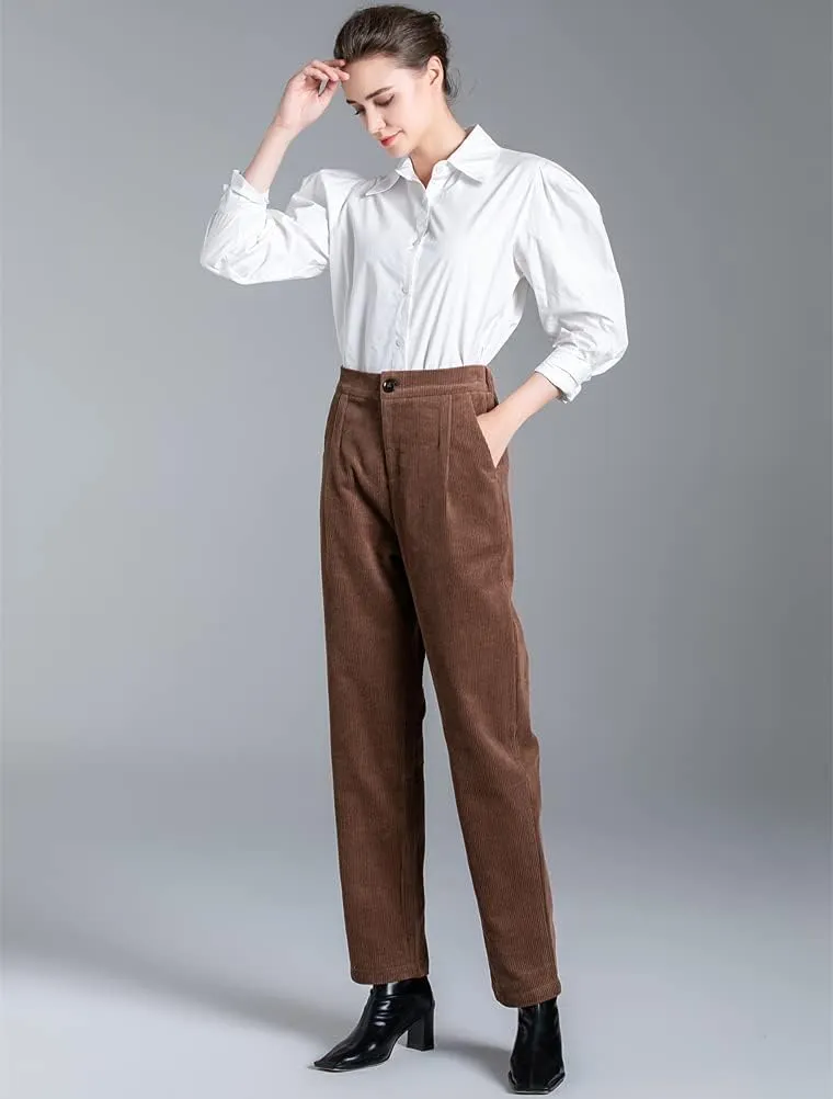 Minibee Women's Cropped Corduroy Pants Elastic Waist Retro Trouser with Pockets