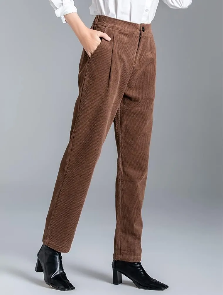 Minibee Women's Cropped Corduroy Pants Elastic Waist Retro Trouser with Pockets