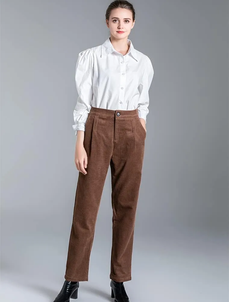 Minibee Women's Cropped Corduroy Pants Elastic Waist Retro Trouser with Pockets