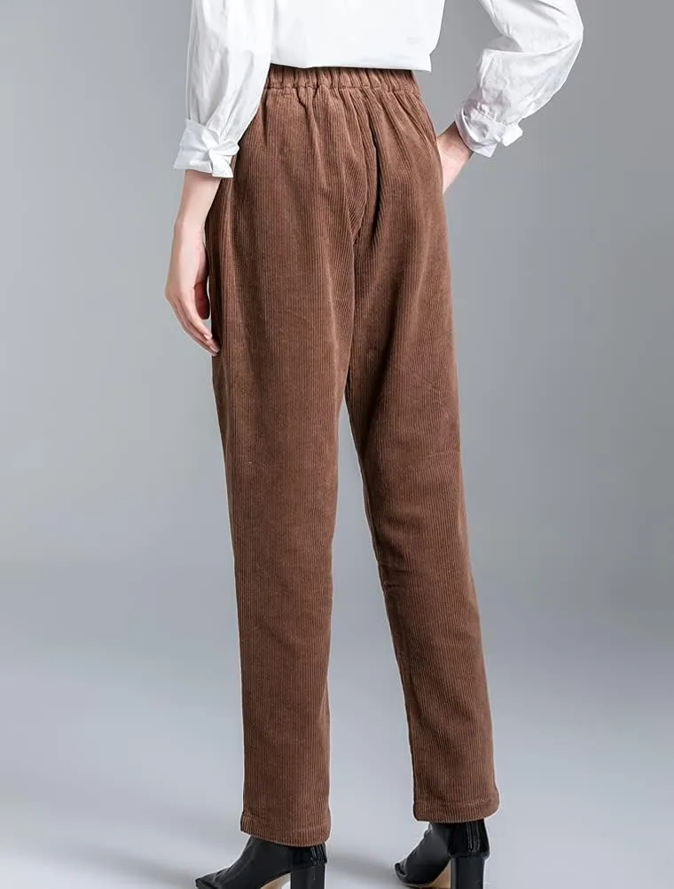 Minibee Women's Cropped Corduroy Pants Elastic Waist Retro Trouser with Pockets