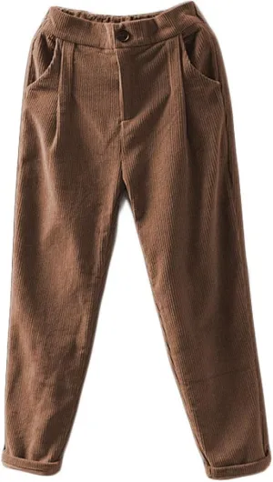 Minibee Women's Cropped Corduroy Pants Elastic Waist Retro Trouser with Pockets