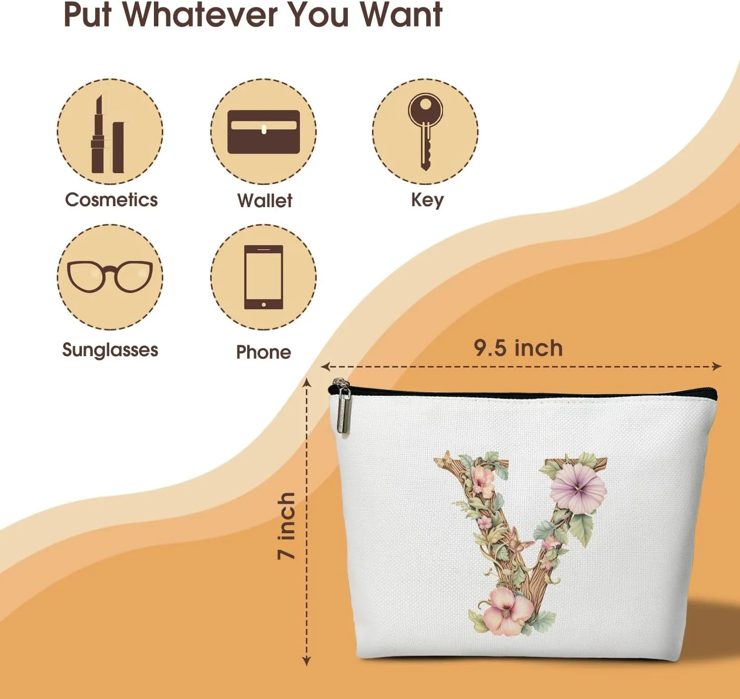 Monogrammed Makeup Bag Gifts for Women, Personalized Initial Letter V Small Cosmetic Bag for Purse Zipper Travel Toiletry Bag Birthday Gift for Friend Daughter Wedding Gift for Bridal Bridesmaid -B20