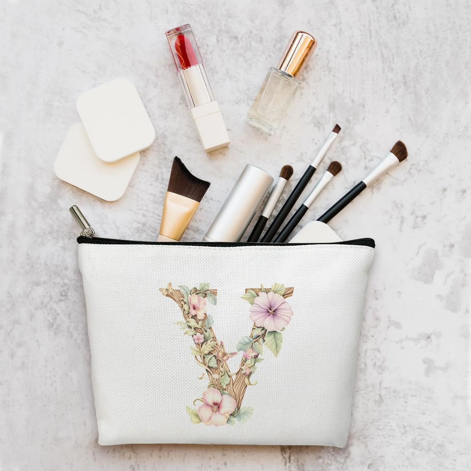 Monogrammed Makeup Bag Gifts for Women, Personalized Initial Letter V Small Cosmetic Bag for Purse Zipper Travel Toiletry Bag Birthday Gift for Friend Daughter Wedding Gift for Bridal Bridesmaid -B20