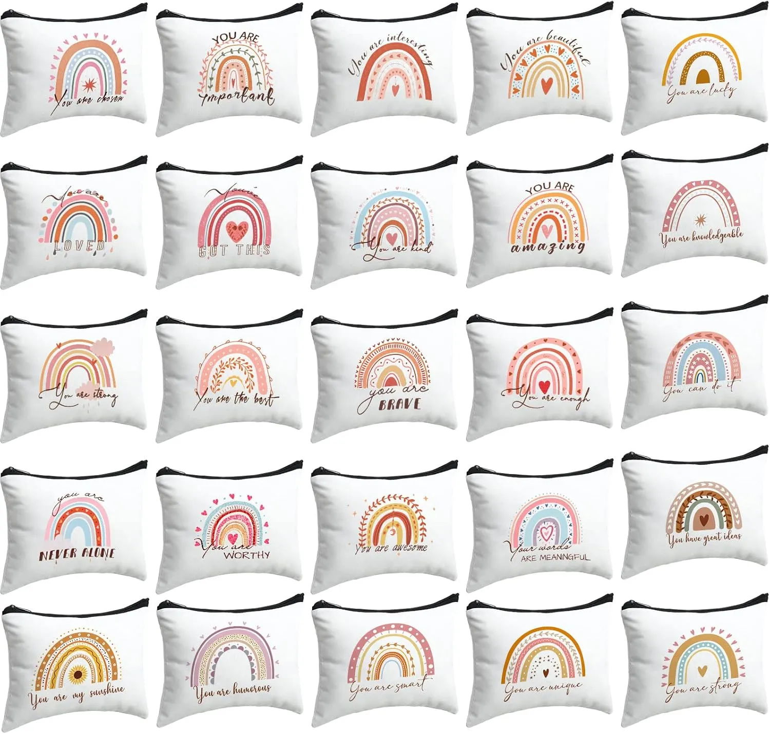 Mumufy 50 Pcs Rainbow Cosmetic Bags for Women Inspirational Makeup Bags Gift with Zipper Motivational Quotes Travel Canvas Bag for Women Christmas Party Supplies