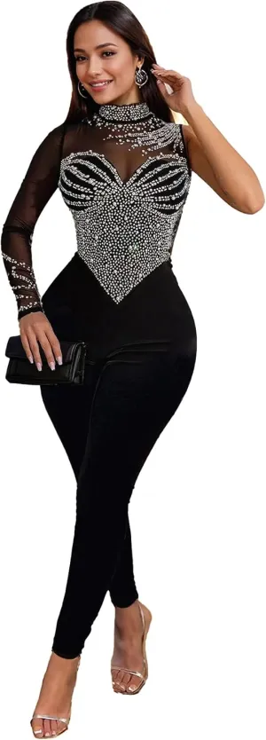 Nagfar Women's Rhinestone Sexy Elegant Jumpsuits Hot Drilling Romper Birthday Party Evening Club Night Outfits