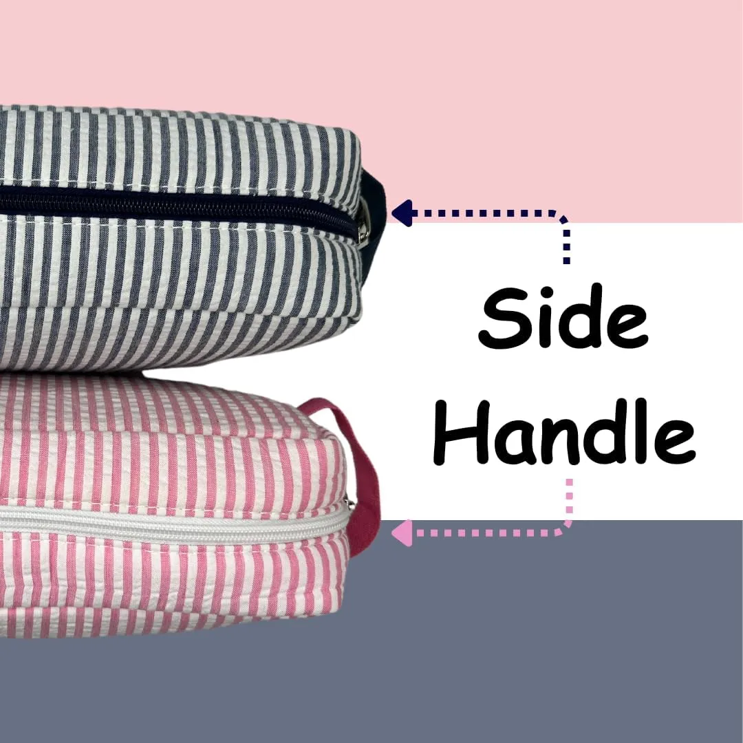 NGIL Makeup Bag for Women, Cute Cosmetic Bag, Travel Toiletry Make up Bag, Seersucker Aesthetic Organizer Storage Pouch for Women and Moms Gifts (Seesucker- Navy)