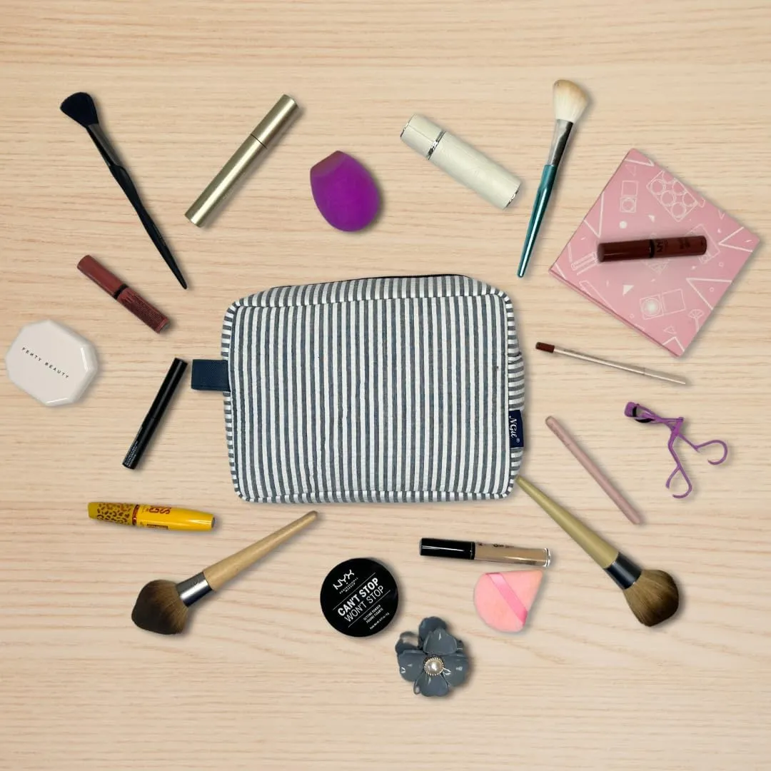 NGIL Makeup Bag for Women, Cute Cosmetic Bag, Travel Toiletry Make up Bag, Seersucker Aesthetic Organizer Storage Pouch for Women and Moms Gifts (Seesucker- Navy)