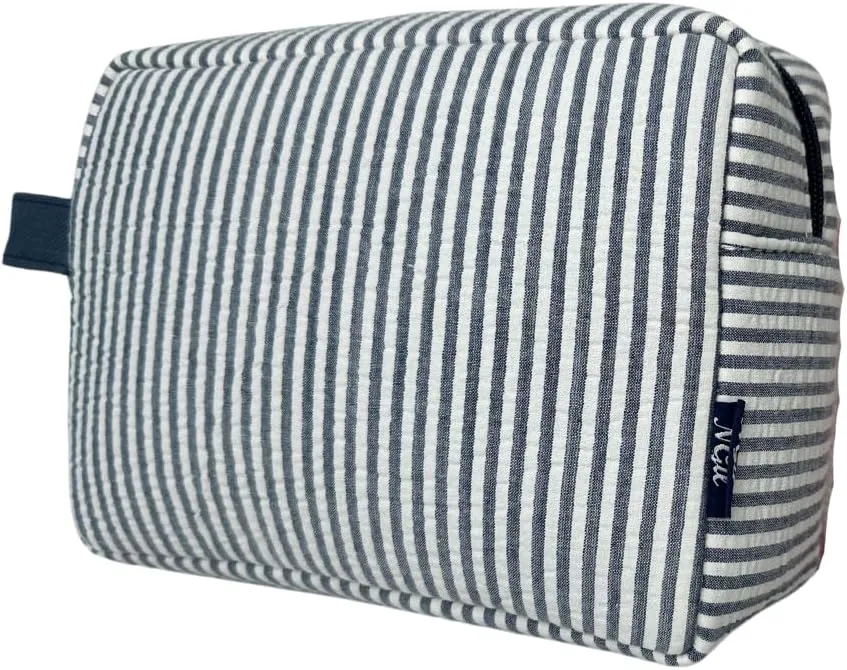 NGIL Makeup Bag for Women, Cute Cosmetic Bag, Travel Toiletry Make up Bag, Seersucker Aesthetic Organizer Storage Pouch for Women and Moms Gifts (Seesucker- Navy)