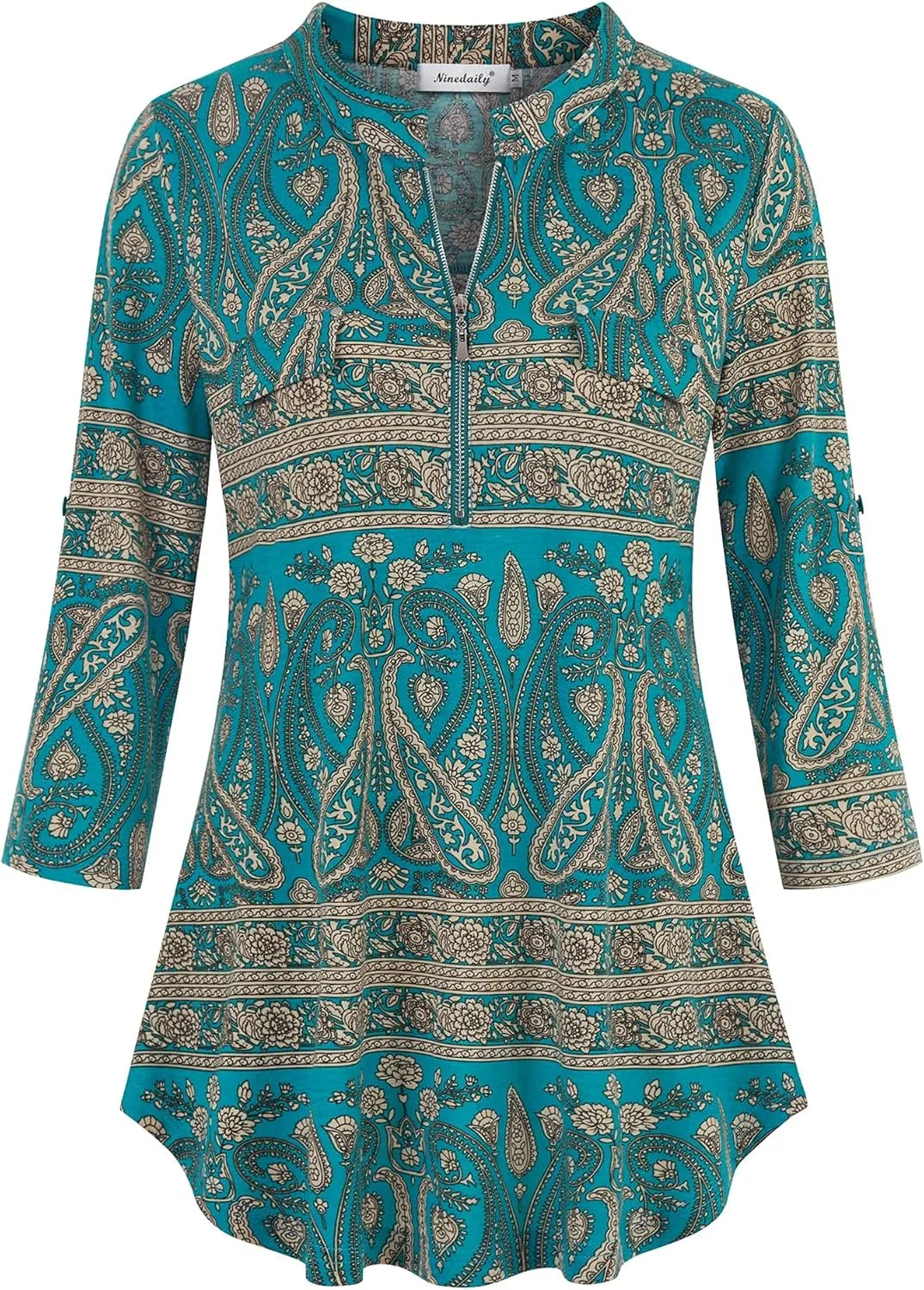 Ninedaily Women's 3/4 Sleeve Plaid Shirts Zip Floral Casual Tunic Blouse Tops