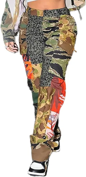 NRTHYE Women Camouflage Cargo Pants Pocket Zipper High Waist Patchwork Straight Casual Trousers