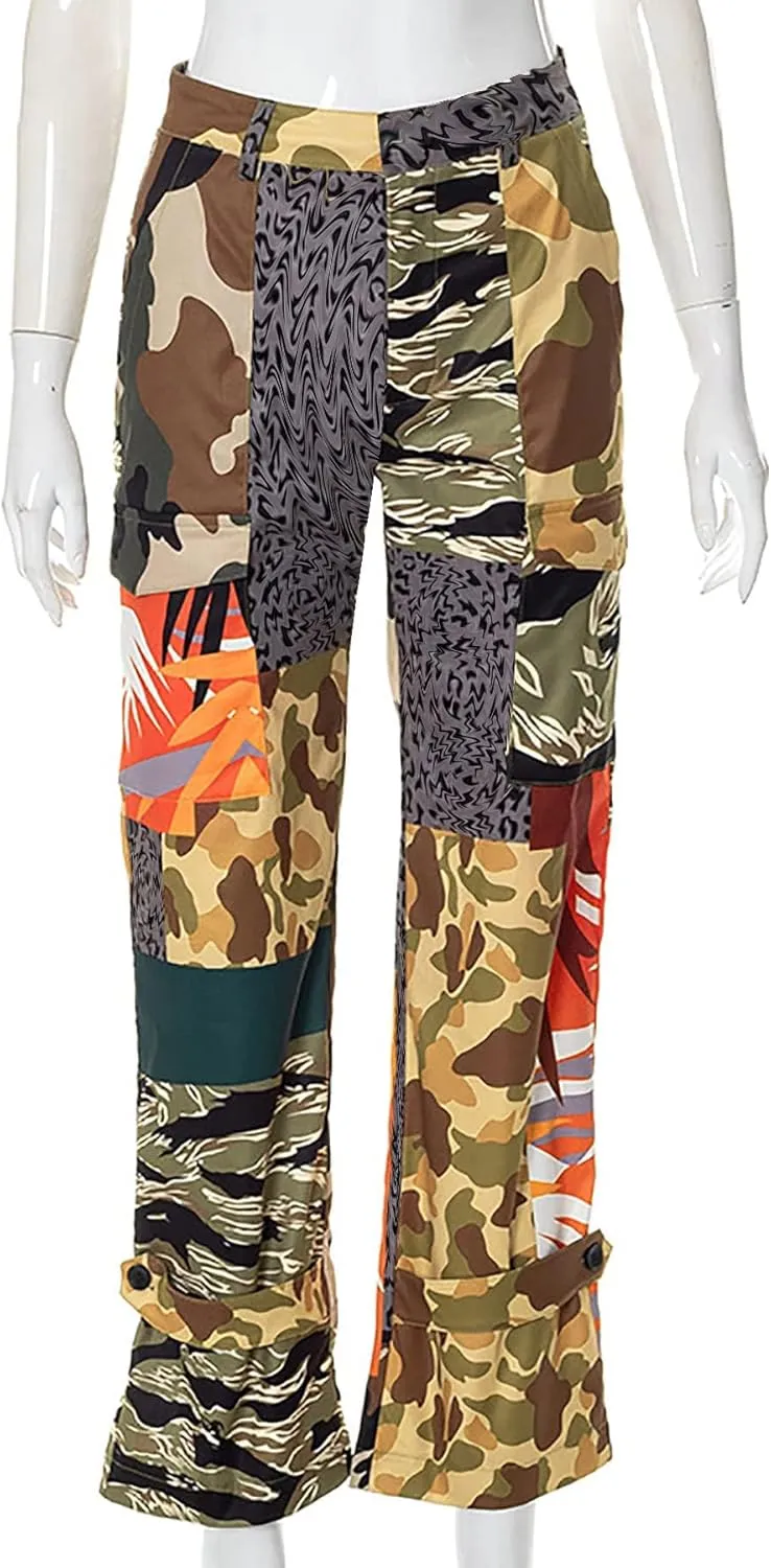 NRTHYE Women Camouflage Cargo Pants Pocket Zipper High Waist Patchwork Straight Casual Trousers
