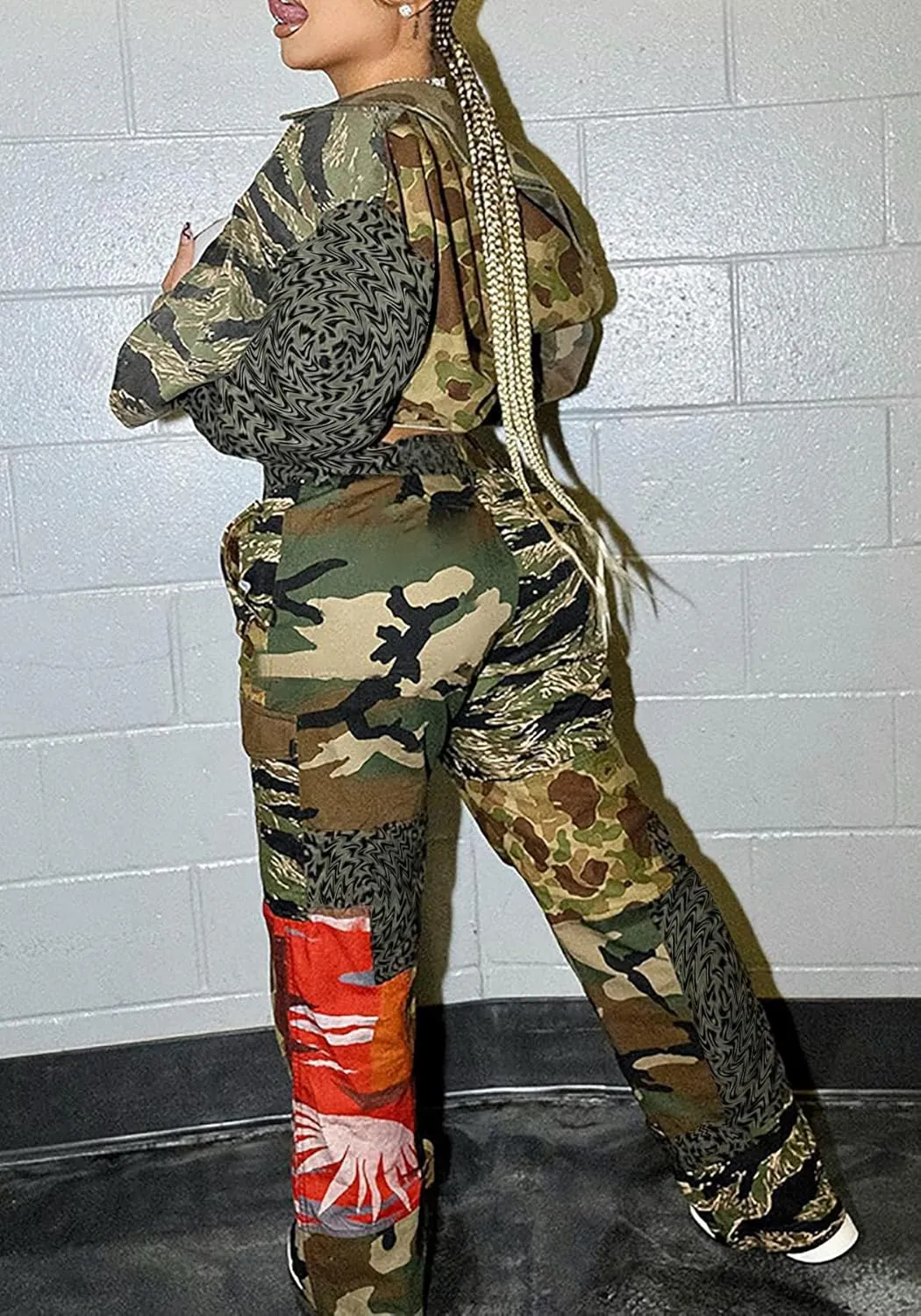 NRTHYE Women Camouflage Cargo Pants Pocket Zipper High Waist Patchwork Straight Casual Trousers