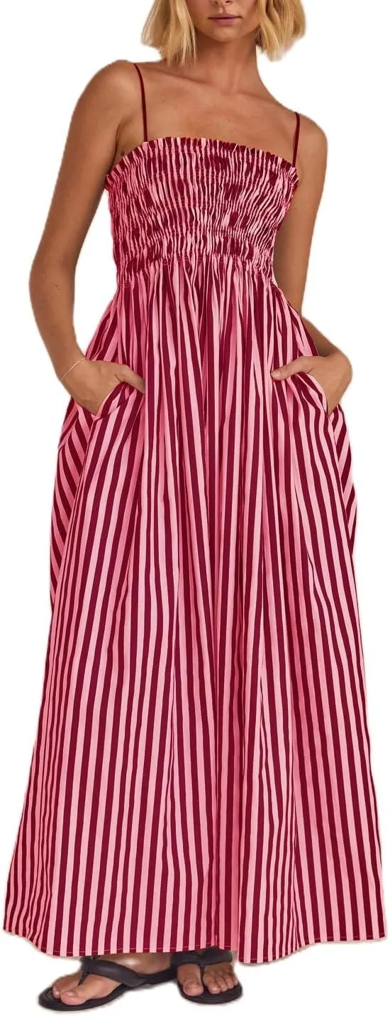 NUFIWI Women Summer Boho Striped Maxi Dress Spaghetti Strap Smocked Flowy Long Dress Ruffle Swing Tiered Beach Sundress