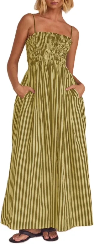 NUFIWI Women Summer Boho Striped Maxi Dress Spaghetti Strap Smocked Flowy Long Dress Ruffle Swing Tiered Beach Sundress