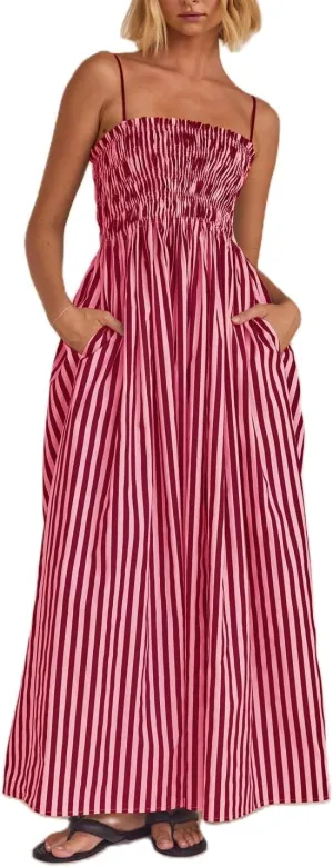 NUFIWI Women Summer Boho Striped Maxi Dress Spaghetti Strap Smocked Flowy Long Dress Ruffle Swing Tiered Beach Sundress