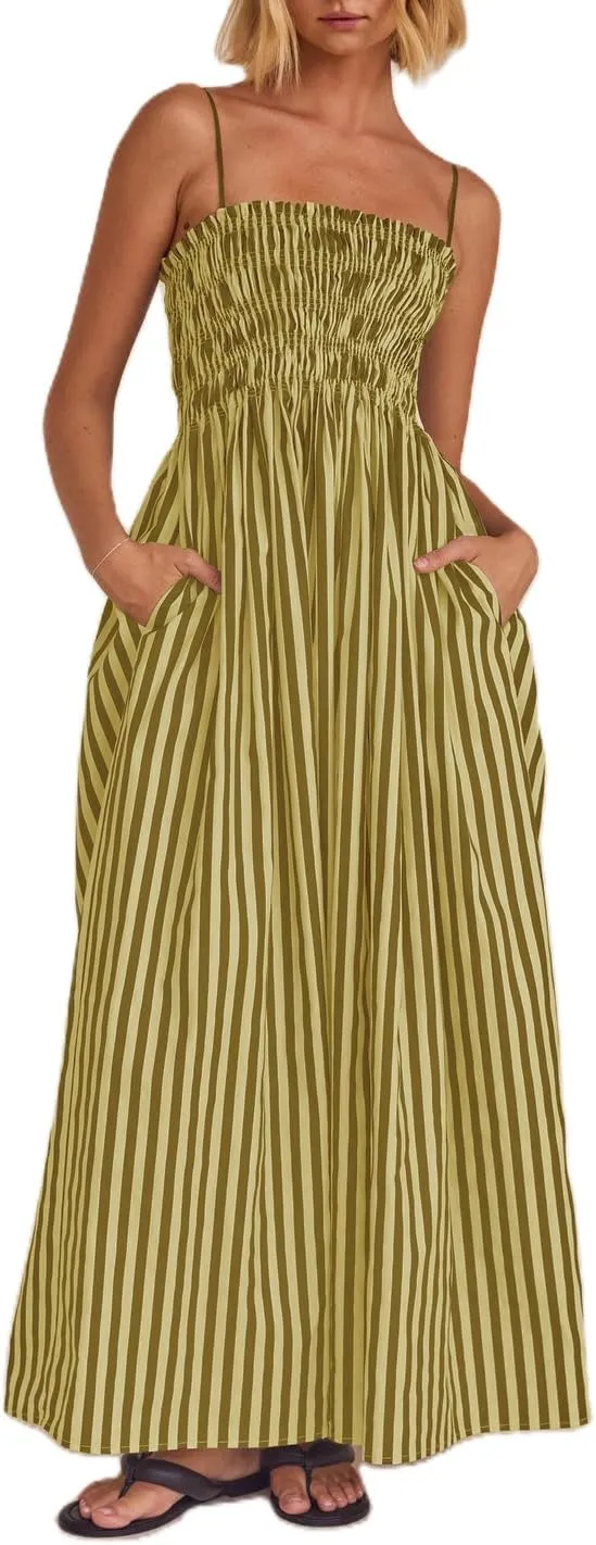 NUFIWI Women Summer Boho Striped Maxi Dress Spaghetti Strap Smocked Flowy Long Dress Ruffle Swing Tiered Beach Sundress
