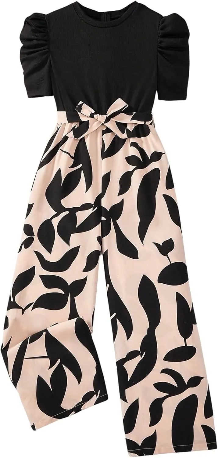 OYOANGLE Girl's Graphic Short Puff Sleeve Belted Wide Leg Long Pants Jumpsuit Summer Outfits