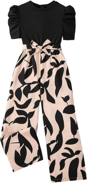 OYOANGLE Girl's Graphic Short Puff Sleeve Belted Wide Leg Long Pants Jumpsuit Summer Outfits