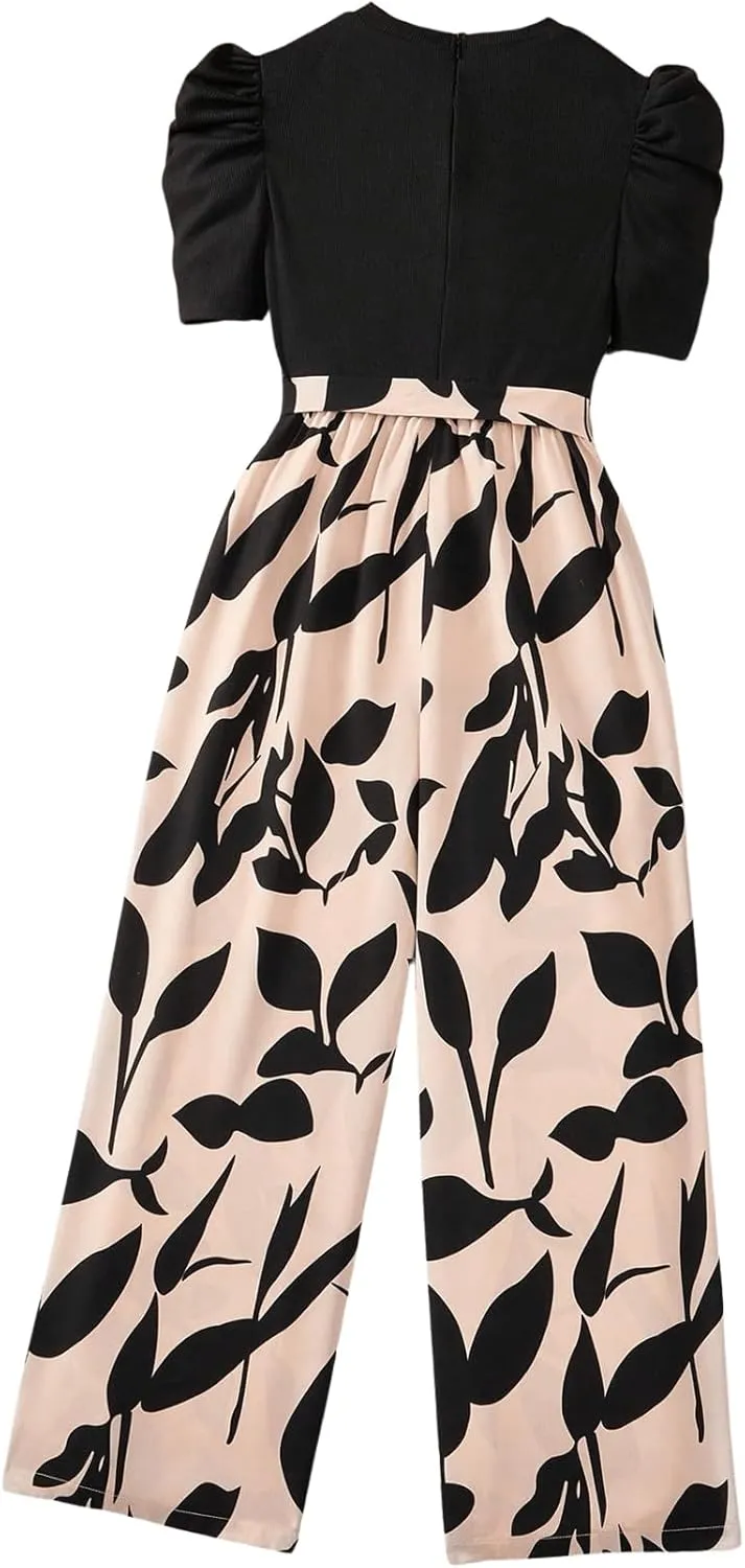OYOANGLE Girl's Graphic Short Puff Sleeve Belted Wide Leg Long Pants Jumpsuit Summer Outfits
