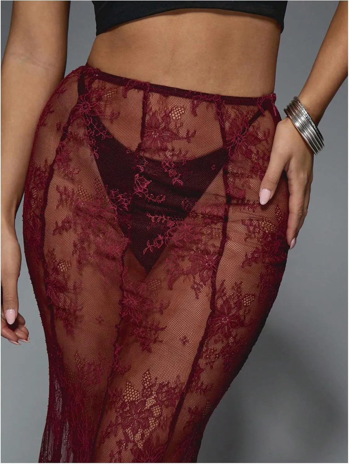 OYOANGLE Women's Floral Lace Sheer Maxi Skirt High Waisted See Through Fishtail Skirts