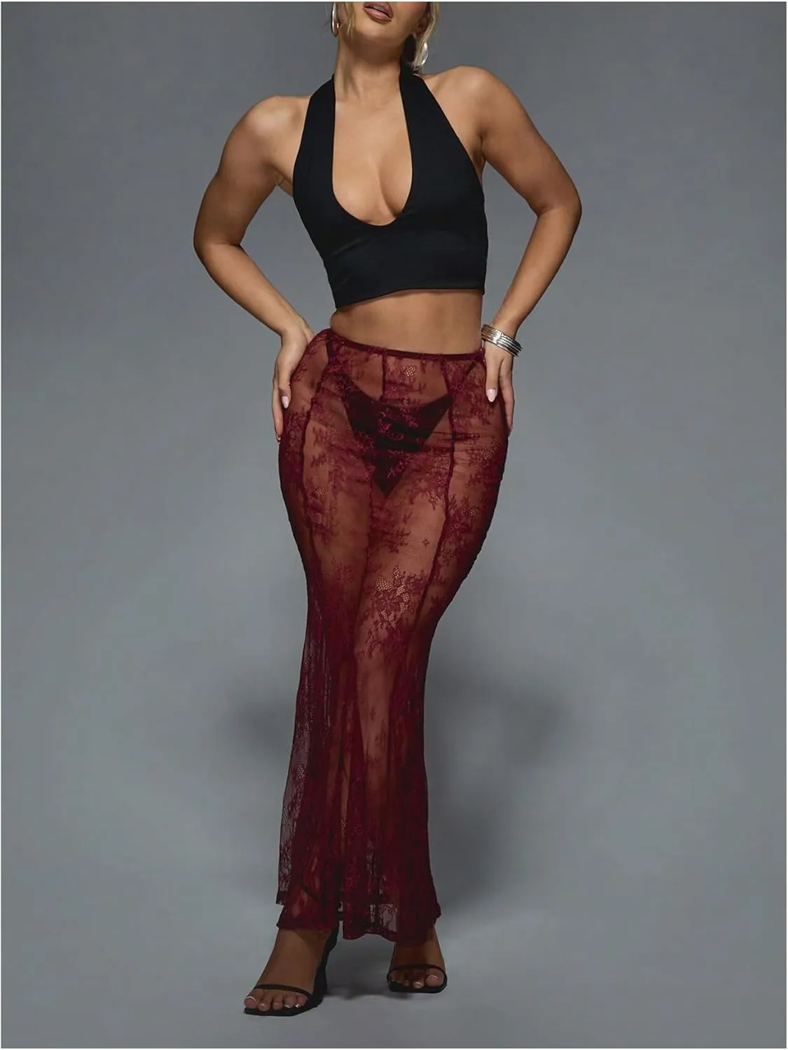 OYOANGLE Women's Floral Lace Sheer Maxi Skirt High Waisted See Through Fishtail Skirts