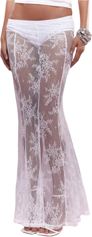 OYOANGLE Women's Floral Lace Sheer Maxi Skirt High Waisted See Through Fishtail Skirts