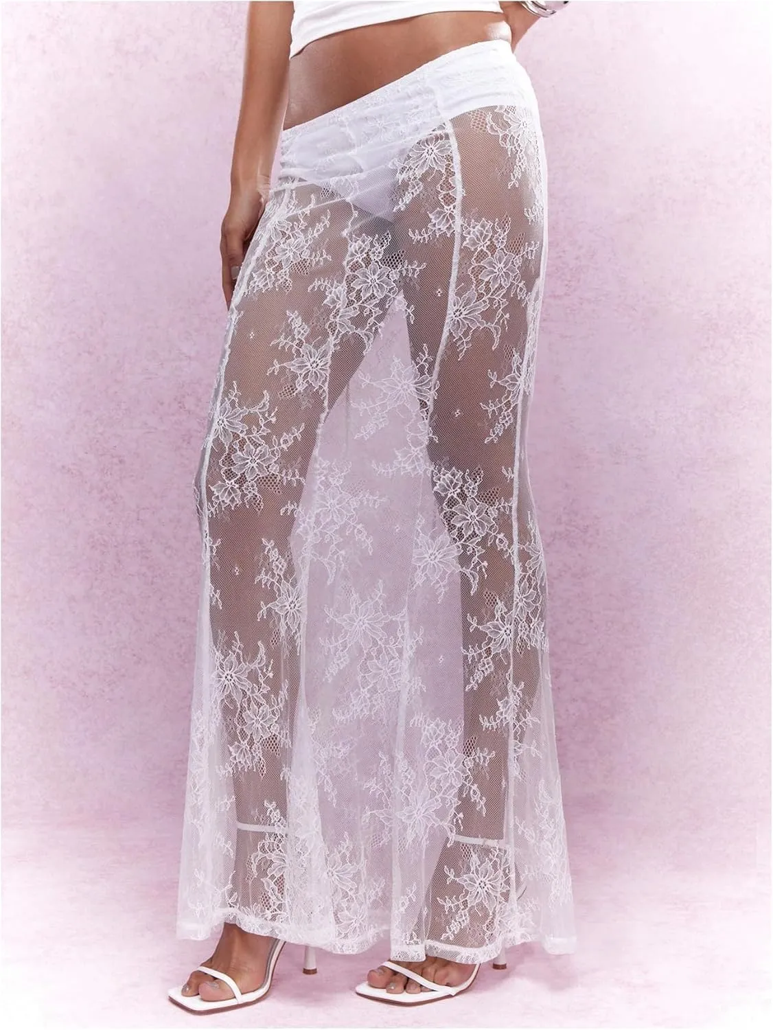 OYOANGLE Women's Floral Lace Sheer Maxi Skirt High Waisted See Through Fishtail Skirts