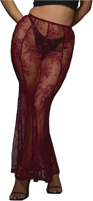 OYOANGLE Women's Floral Lace Sheer Maxi Skirt High Waisted See Through Fishtail Skirts