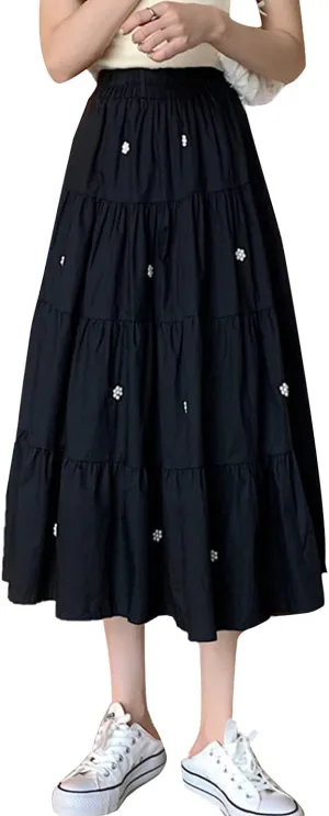 PEHMEA Women's A Line High Waist Tiered Pleated Midi Skirt with Bead
