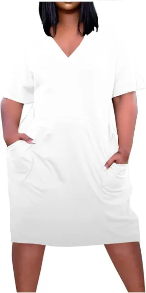 Plus Size Summer Dresses for Women 2024 Midi Dresses Short Sleeve Tshirt Dress Sexy V Neck Dresses with Pocket, Small