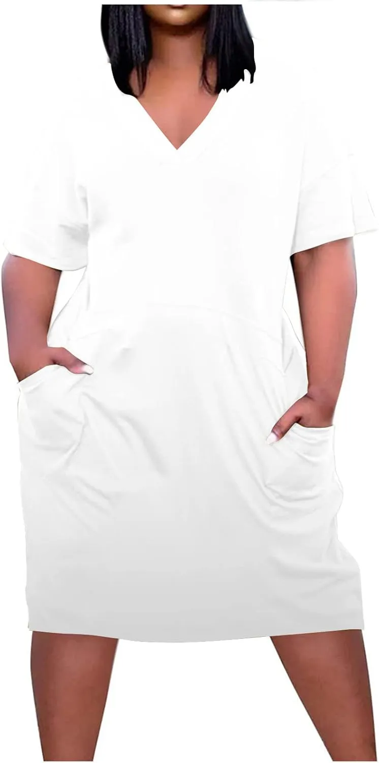 Plus Size Summer Dresses for Women 2024 Midi Dresses Short Sleeve Tshirt Dress Sexy V Neck Dresses with Pocket, Small
