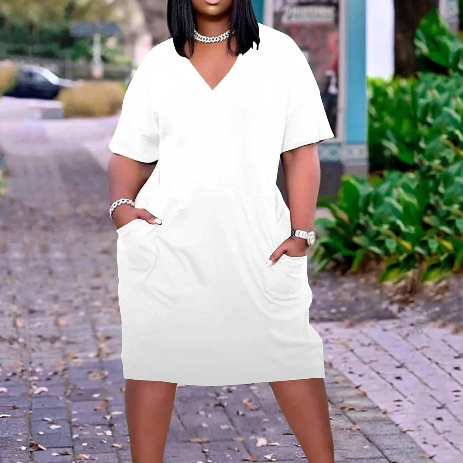 Plus Size Summer Dresses for Women 2024 Midi Dresses Short Sleeve Tshirt Dress Sexy V Neck Dresses with Pocket, Small