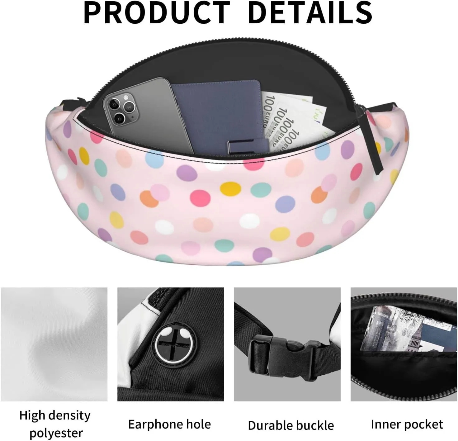 Polka Dot Fanny Pack for Women Men,Fashion Waist Pack Belt Bag Crossbody Bag for Traveling Casual Running Cycling