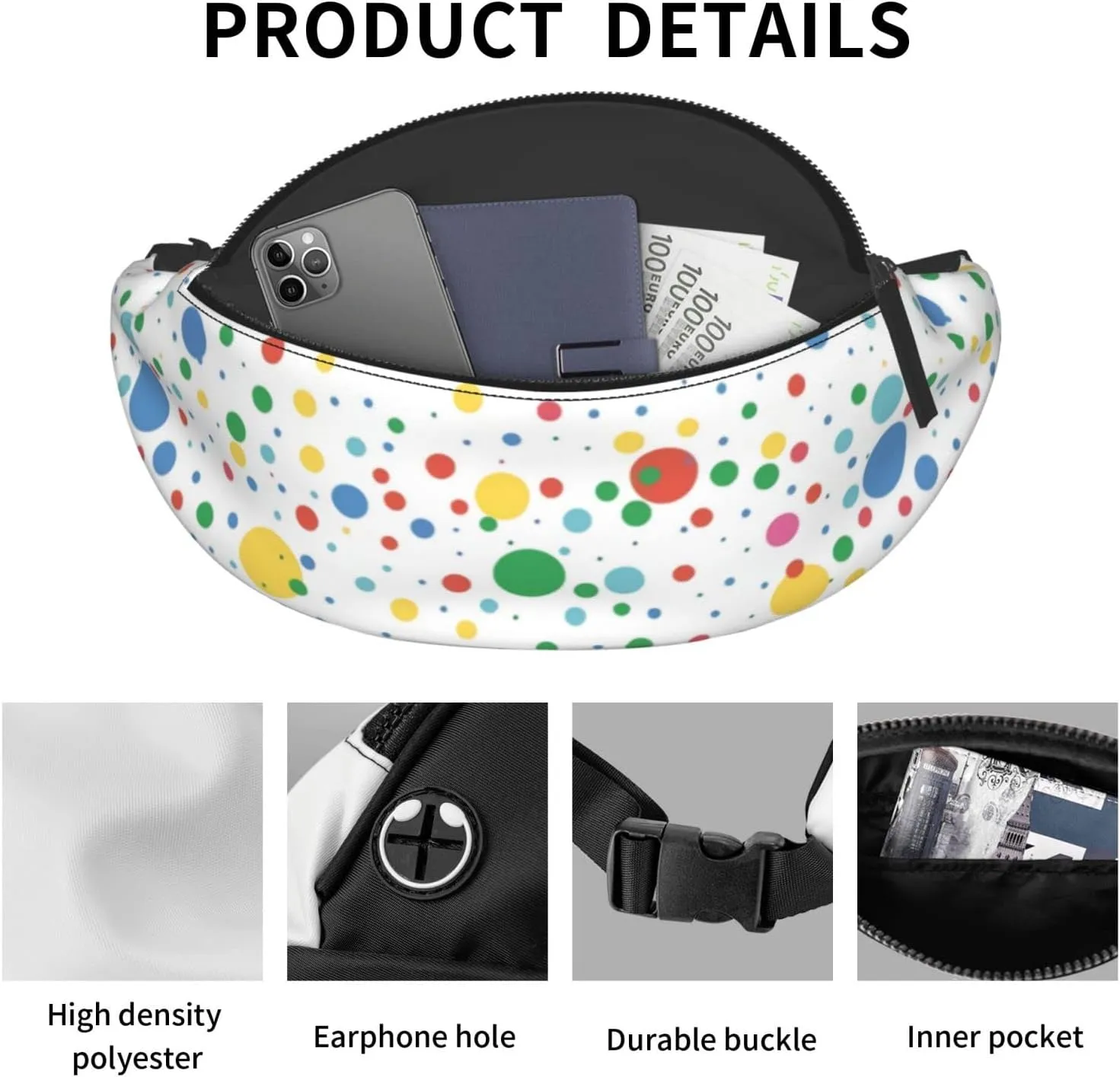 Polka Dot Fanny Pack for Women Men,Fashion Waist Pack Belt Bag Crossbody Bag for Traveling Casual Running Cycling