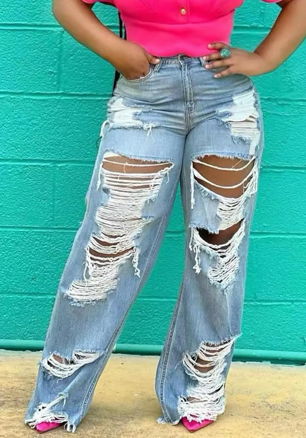 Ptorlio Women's Ripped Jeans Y2k Straight Wide Leg High Waisted Jean Distressed Baggy Denim Pants