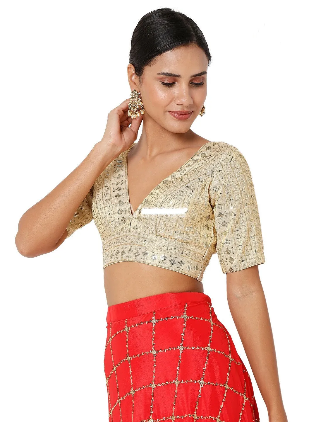 Readymade Womens Tissue Padded Back Open V Neck Elbow Sleeves Saree Blouse