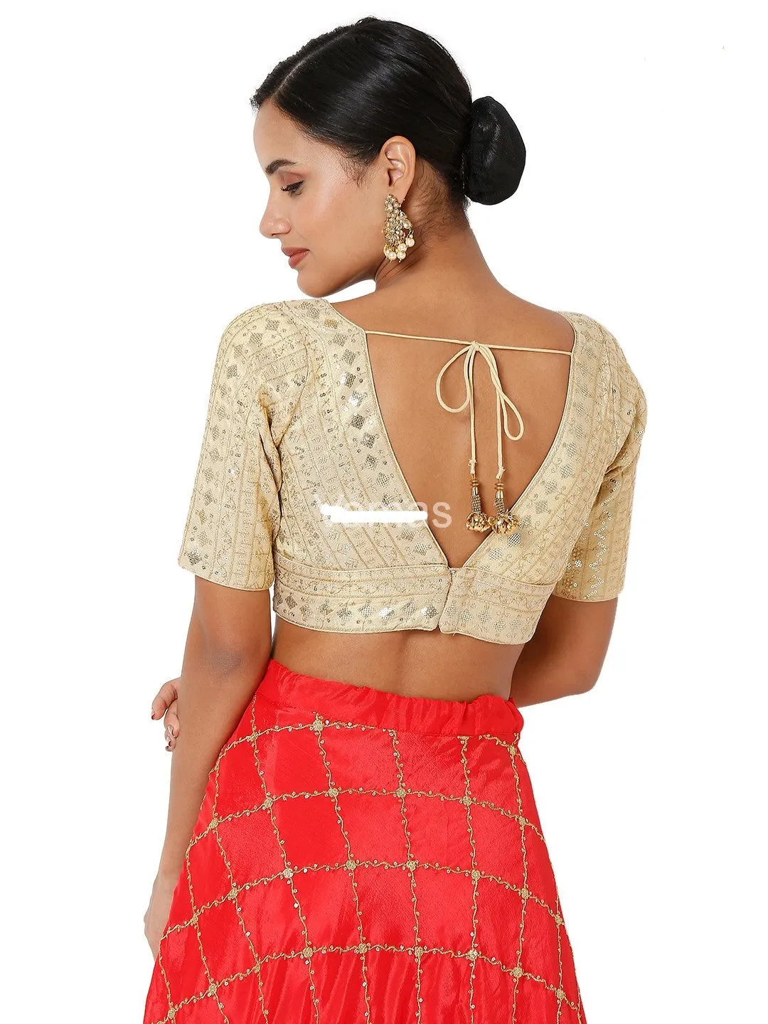 Readymade Womens Tissue Padded Back Open V Neck Elbow Sleeves Saree Blouse