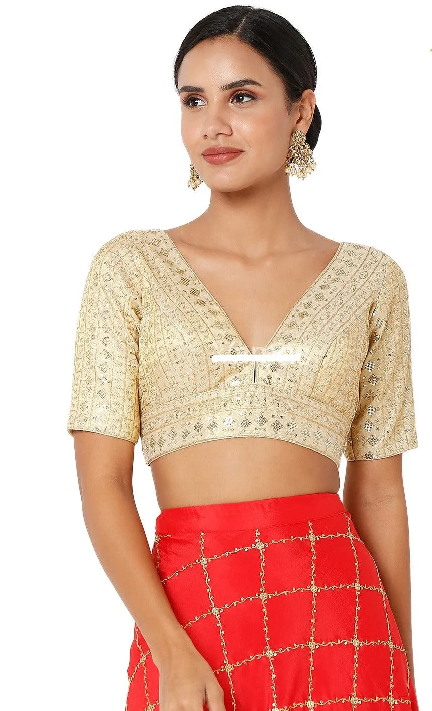 Readymade Womens Tissue Padded Back Open V Neck Elbow Sleeves Saree Blouse