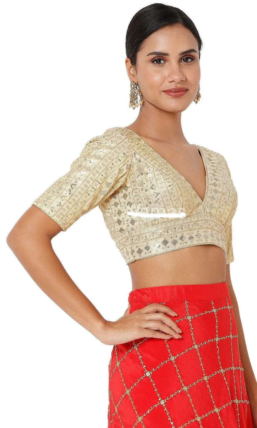 Readymade Womens Tissue Padded Back Open V Neck Elbow Sleeves Saree Blouse