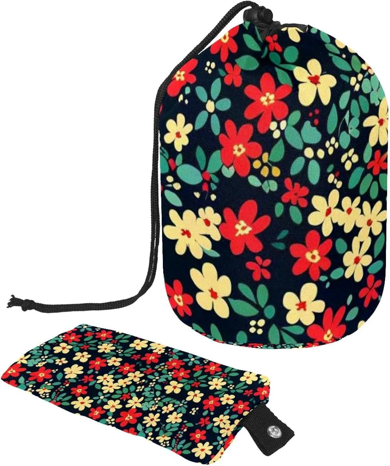 Red White Florals Daisy Travel Cosmetic Bags Makeup Bag for Women, Foldable Drawstring Travel Cosmetic Bags, Portable Toiletry Bucket Bag